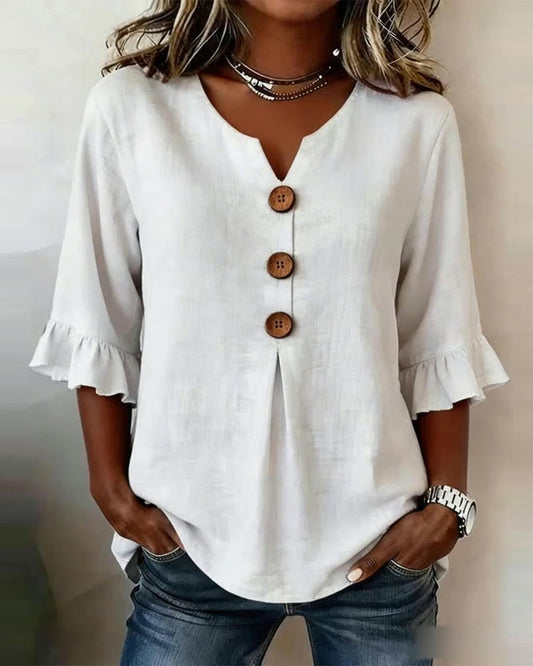 Sophia - Blusa de color liso con botones de madera