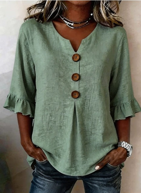 Sophia - Blusa de color liso con botones de madera