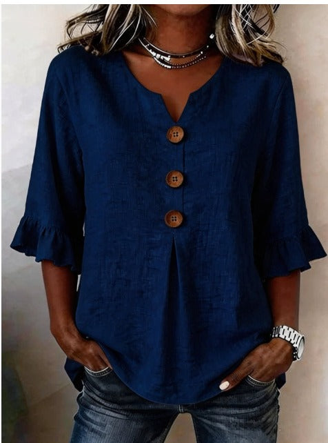 Sophia - Blusa de color liso con botones de madera