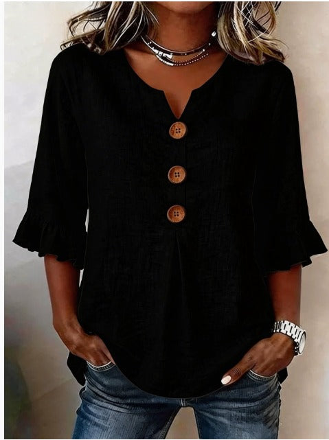 Sophia - Blusa de color liso con botones de madera