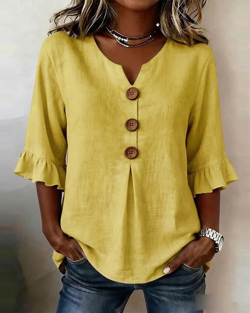 Sophia - Blusa de color liso con botones de madera