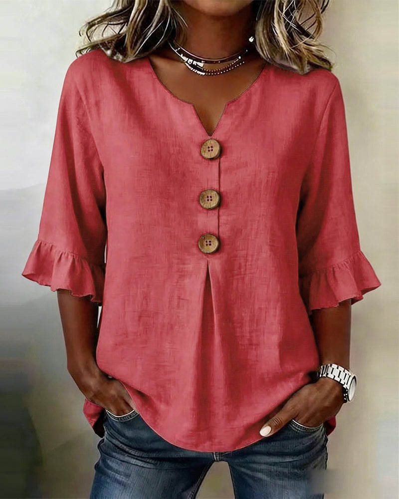 Sophia - Blusa de color liso con botones de madera